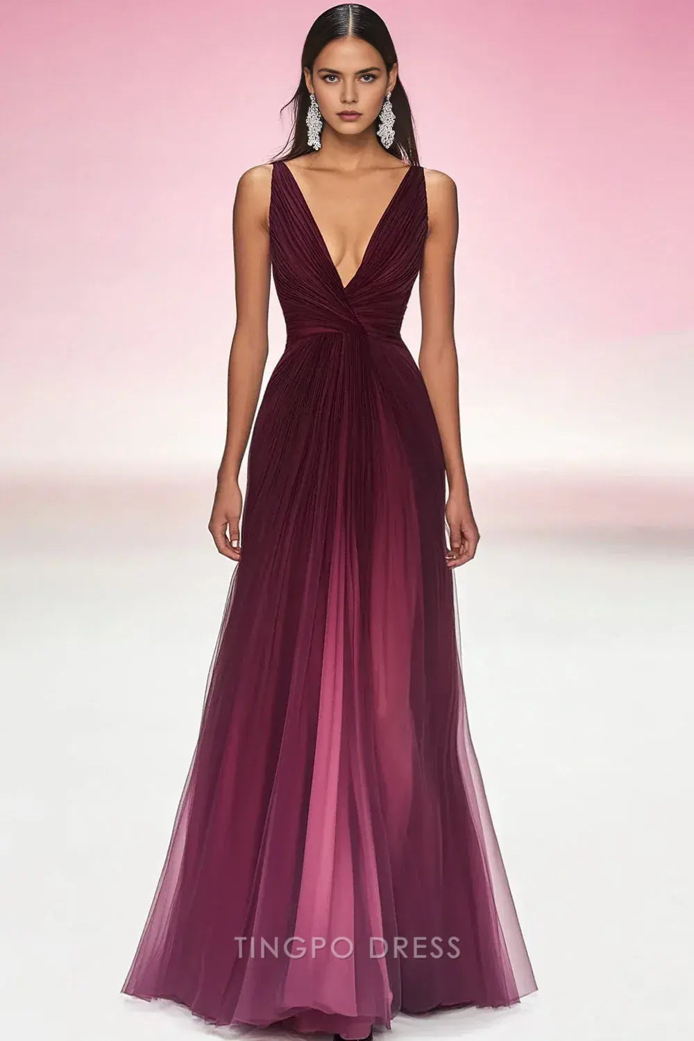 Elegant Plunging V-Neck Ombré Tulle A-Line Maxi Dress Floor-Length Prom Dress
